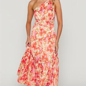 Showpo One-Shoulder Floral Dress in Pink and Orange